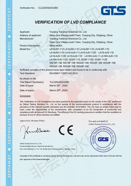 Çin Yueqing Yueshun Electric Co., Ltd. Sertifikalar